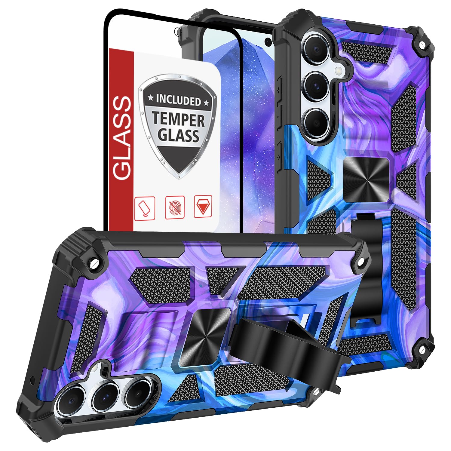 For Galaxy A16 5G Case,Samsung A16 5g 2024 Case w/Tempered Glass Screen Protector(Full Coverage) [Full-Body][15FT Mil-Grade][Built-in Kickstand] Car