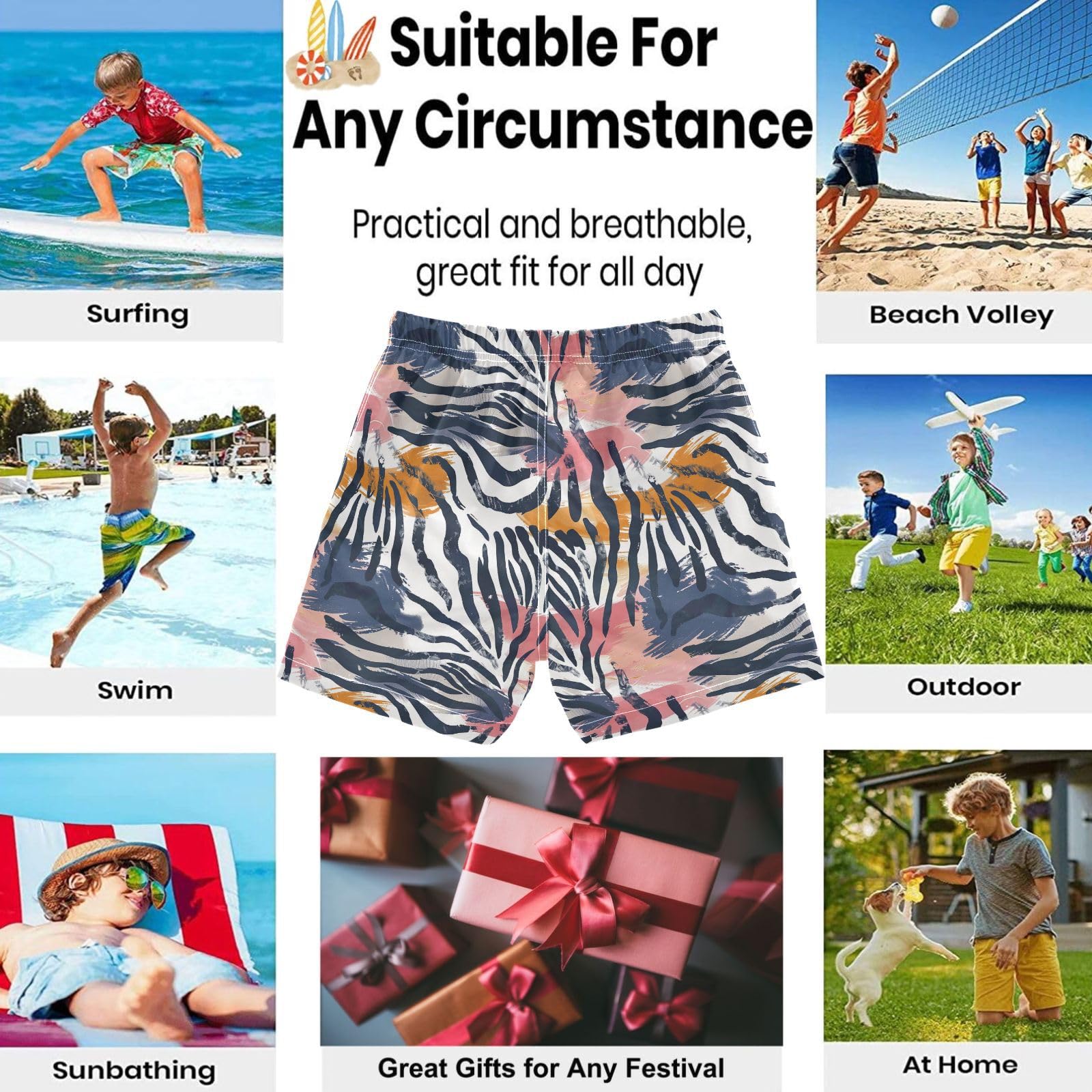 visesunny Summer Boy's Beach Shorts Multicolor Zebra Print Quick Dry Swim Trunks Baby Boy Bathing Suit with Pockets M
