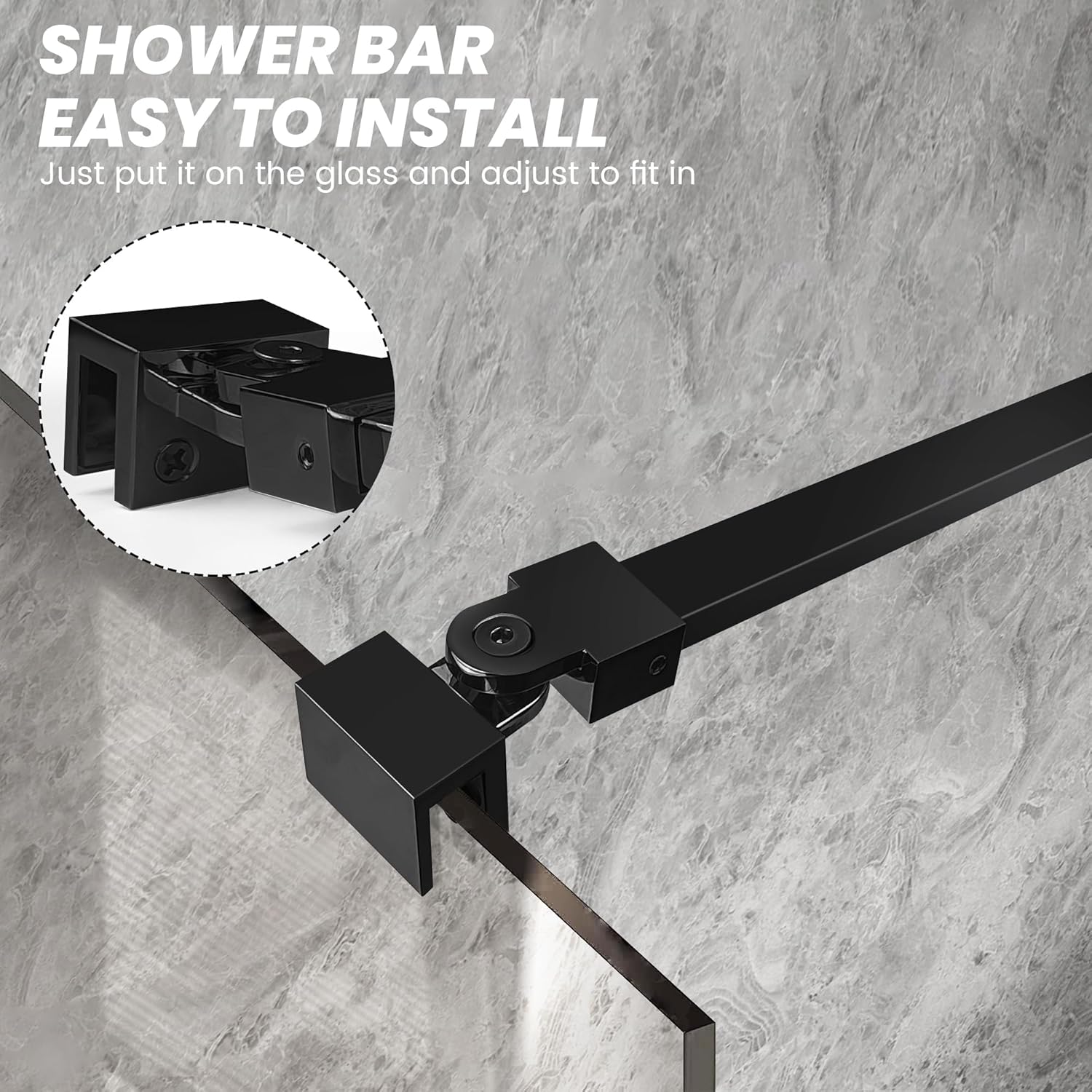 Shower Glass Door Support Bar, Wall-to-Glass Brace for 1/4"(6mm), 5/16"(8mm), 3/8"(10mm) Frameless Glass Panel, 18 Inch Long Stainless Steel Shower Rod, Matte Black