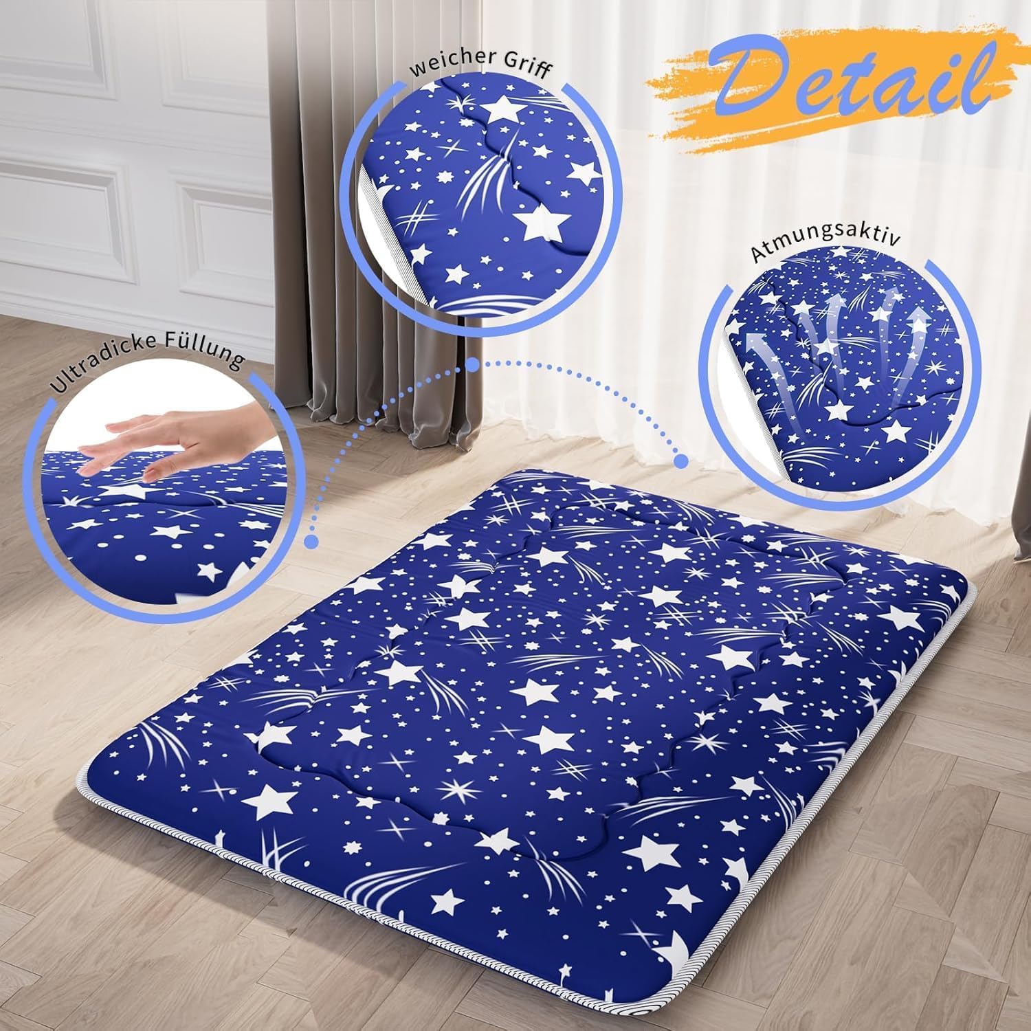 Kiseely Japanische Futon-Matratze, Faltbare Tatami-Matte, tragbare Schlafunterlage mit Tasche und Gurt, Bodenmatratze, verdickte Schlafmatratze, Camping-Matratze (Blau Yu1, 150X200cm)