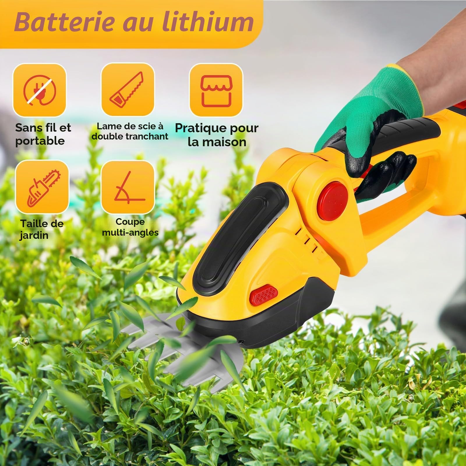 Cisaille à Gazon sans Fil, 2 en 1 Taille Haie Electrique avec 2 Lames, Longueur de Lame : 22 cm (Arbustes) / 13,2 cm (Herbe), Batterie 1500mAh et Type C, Sculpteur de Végétaux pour Couper Les Haies