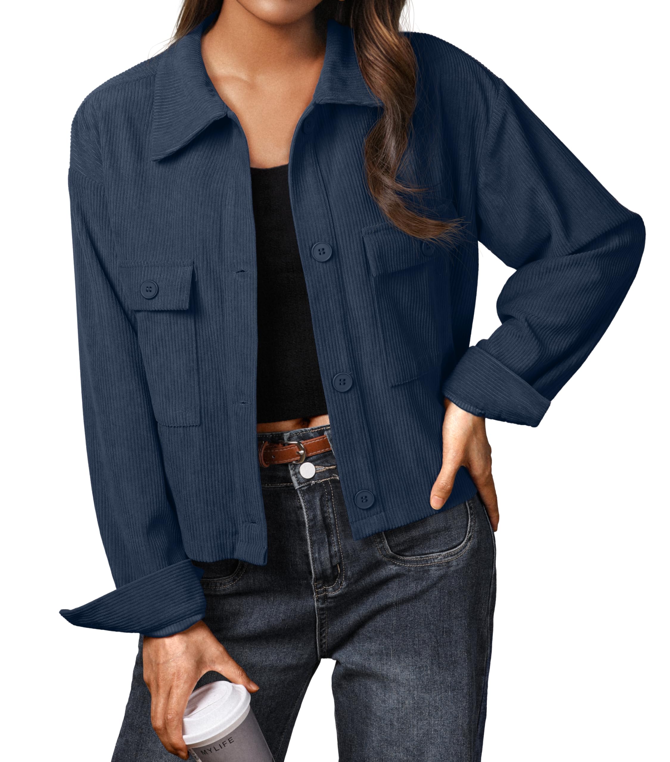 IWOLLENCE Cordjacke Damen Hemdjacke Cordhemd Kurzjacke Langarm Revers Button-Down Shacket Mantel