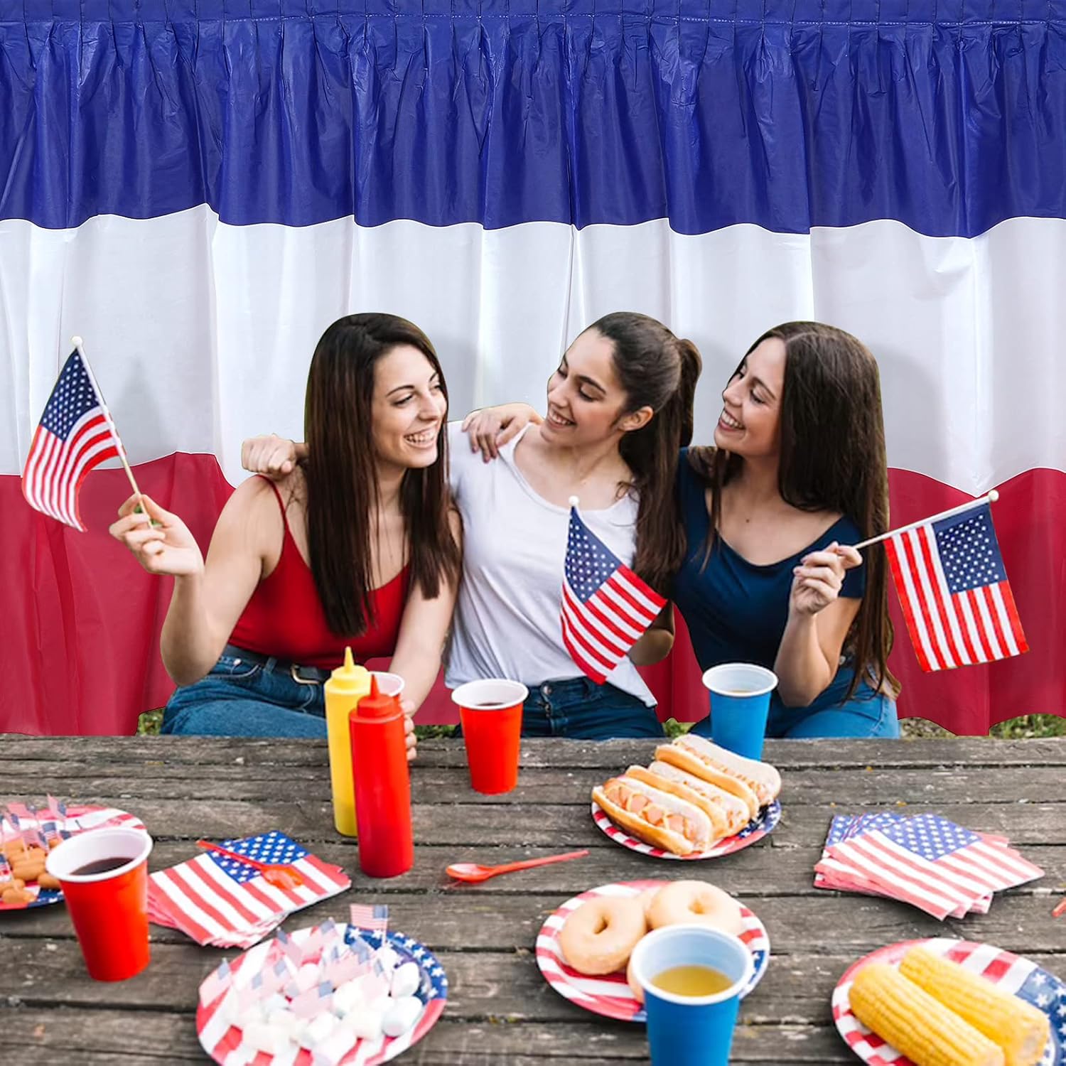 7月4日プラスチックテーブルスカート装飾、赤、白、青の愛国的な使い捨てテーブルスカート、独立記念退役軍人の日のための7月4日のテーブ