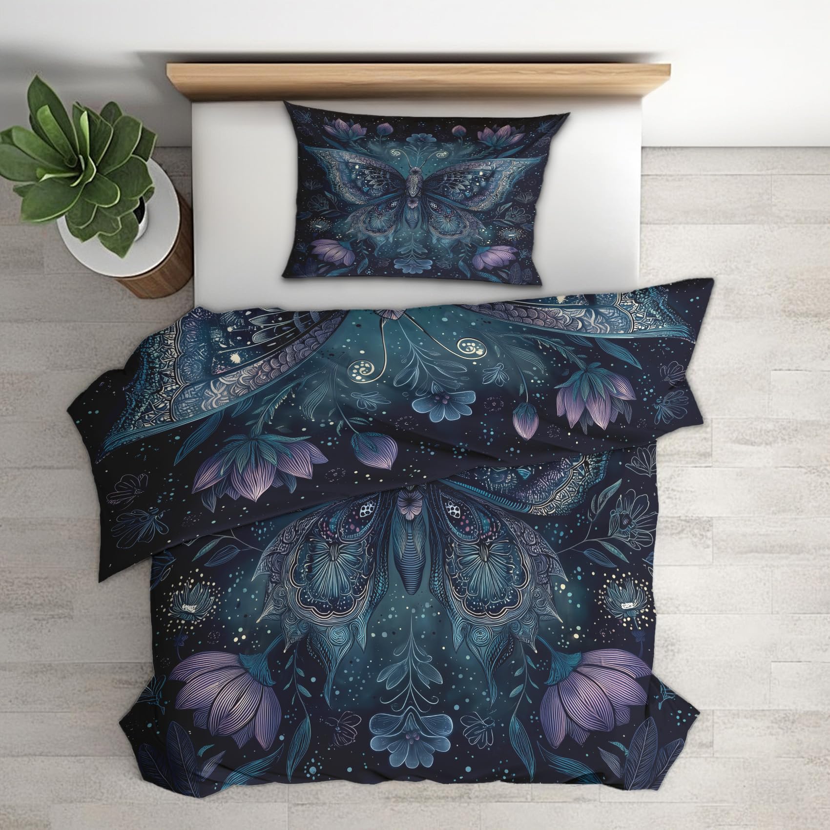 Parure de lit papillon microfibre réversible et zippée avec deux taies d'oreiller 65x65