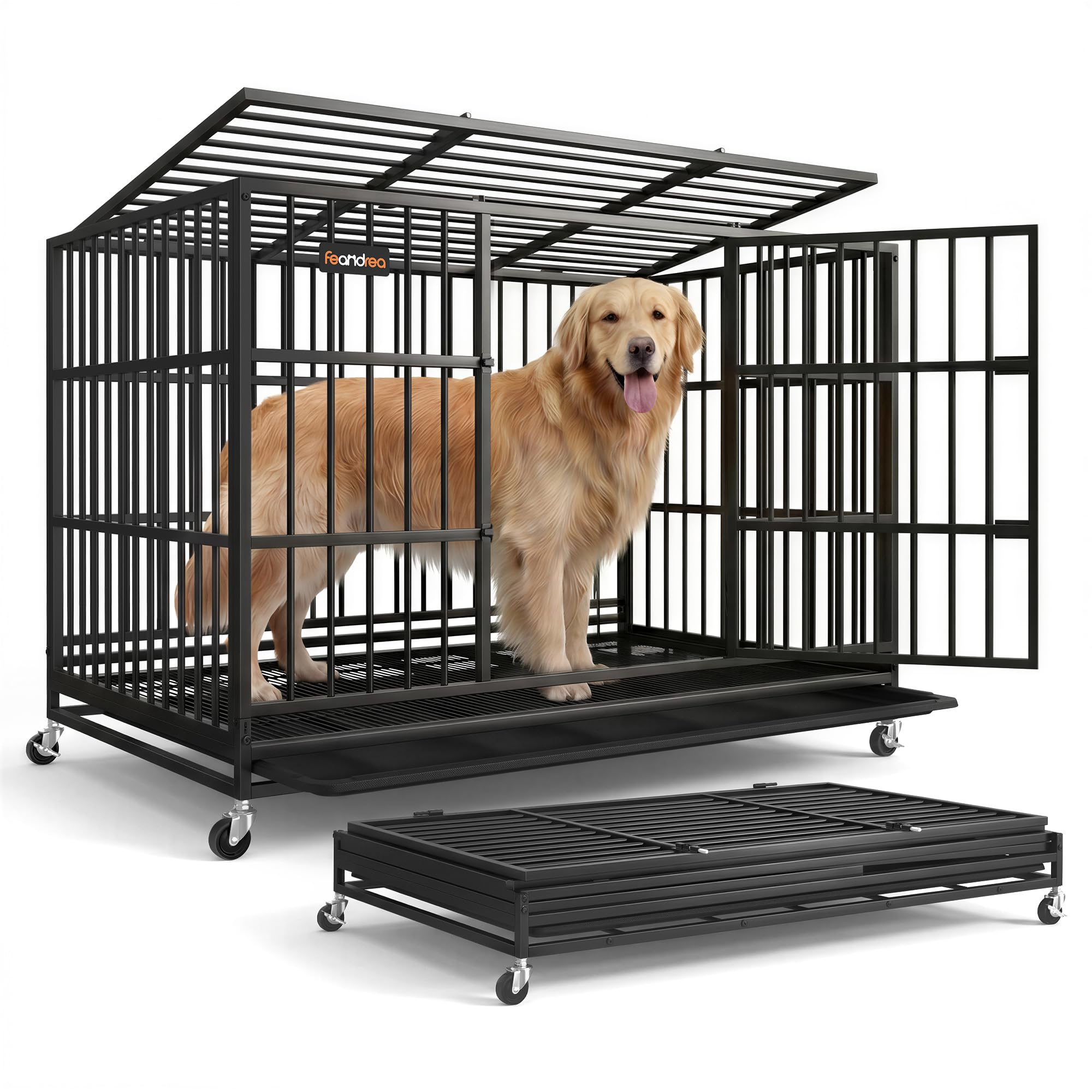 Feandrea Heavy-Duty Dog Crate, 5-Minute Quick Assembly, Foldable Dog Kennel Cage with Lockable Wheels, Double Doors, Escape Proof Fixed Bottom, Ink Black, 122 x 75 x 88 cm PPD035BH01