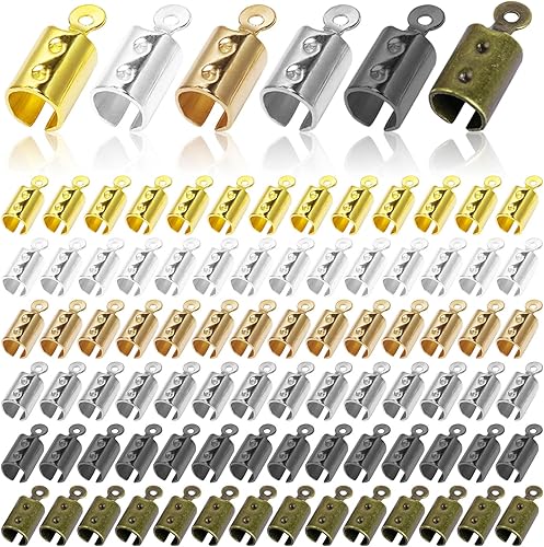 600 piezas de extremos de cordón plegables de acero inoxidable para fabricación de joyas, extremos plegables, cierre de abrazadera de cinta de cuero