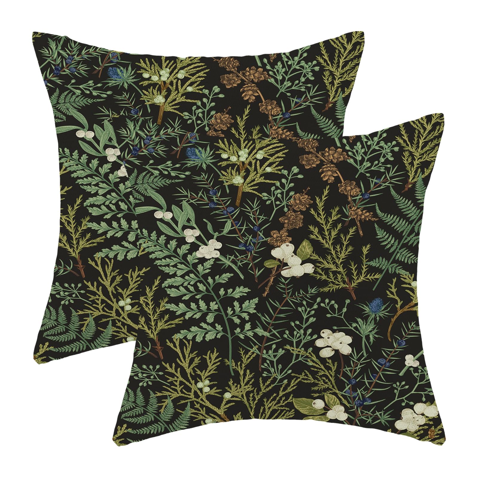 Spring Pillow Covers 18x18 Inch Set of 2,Black Sage Green Wild Flower Plant Throw Pillows Case,Seasonal Vintage Floral Outdoor Decorative Linen