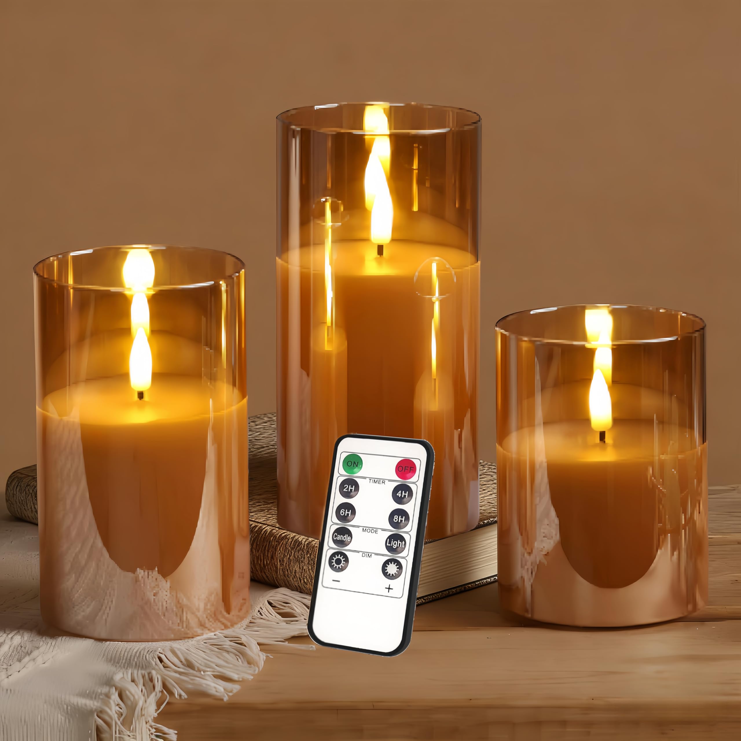 MiracDan LED Flameless Candles Flickering with Remote, Timer, Candle Set of 3 Realistic Flameless Battery Candles for Festival, Room Decor, Home Decor (4"/5"/6" H), Gold