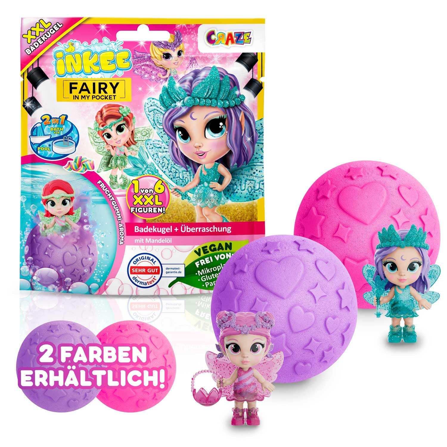 INKEE Surprise XXL Bomba do Kąpieli Fairy In My Pocket – Kule do Kąpieli dla Dzieci z Niespodzianką, Kula 180g z Figurką Wróżki do Kolekcjonowania – Aromat Żelków i Olejek z Nagietka – 1 Sztuka