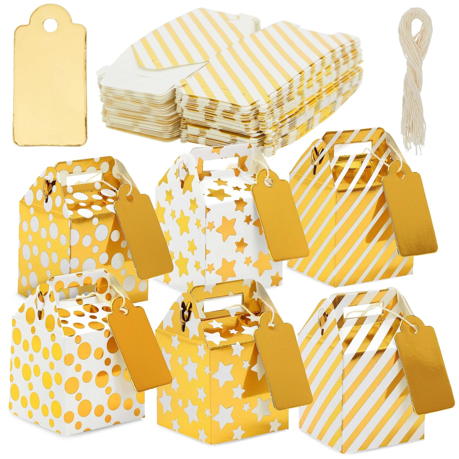 Juvale Party Favor Boxes - 36 Mini Gold 2 x 2 x 2 in With Tags & Strings - 3 Patterns Polka Dot, Stars & Stripes - Paper Packaging for Wedding & Birthday Truffles