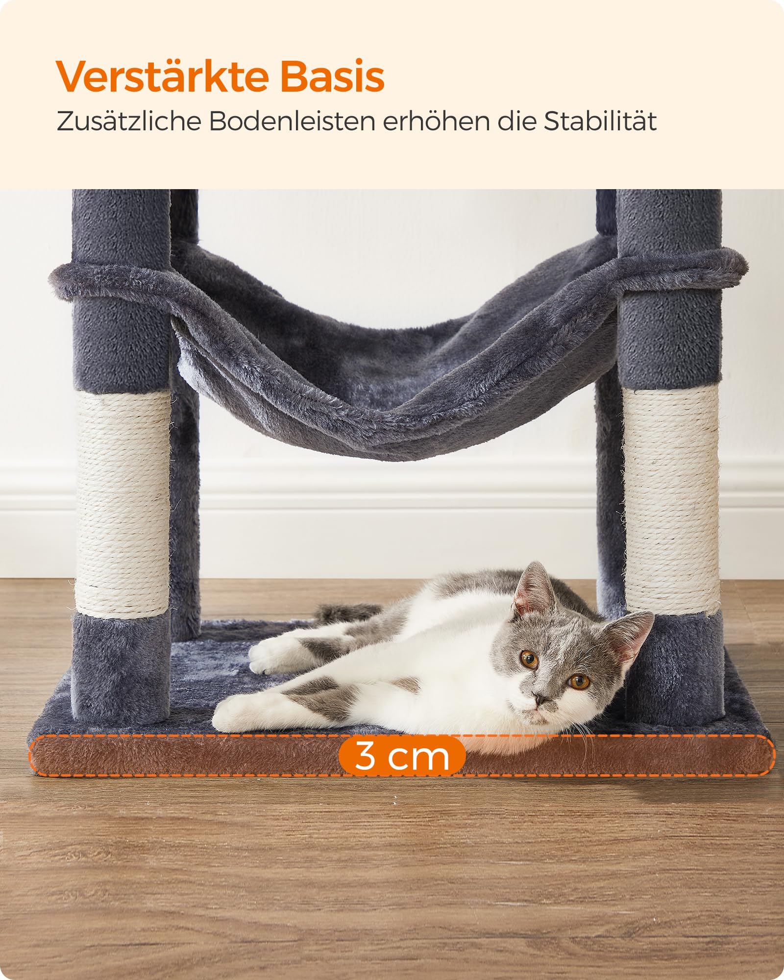 Feandrea Kratzbaum, 143 cm hoch, Katzenbaum, mehrstöckiges Katzenhaus, mit 4 Kratzsäulen, 2 Plattformen, Hängematte, Höhle, rauchgrau PCT161G01