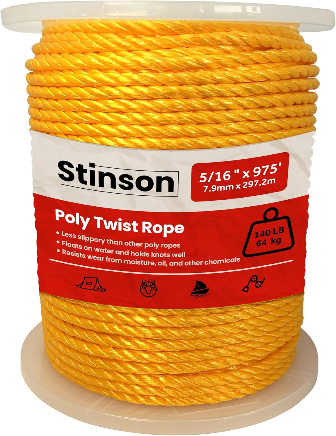 Toolway 5/16" Polypropylene Rope 975 ft – Twisted 3 Strand Floating Utility Rope, 381 lb Load, Outdoor Farm Marine Use