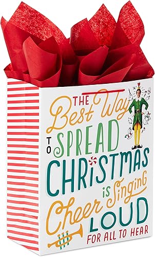 Miniatura 4 de Hallmark Bolsa de regalo grande de elfo de 13 pulgadas con papel de seda (cita de película "La mejor manera de difundir la alegría navideña") para
