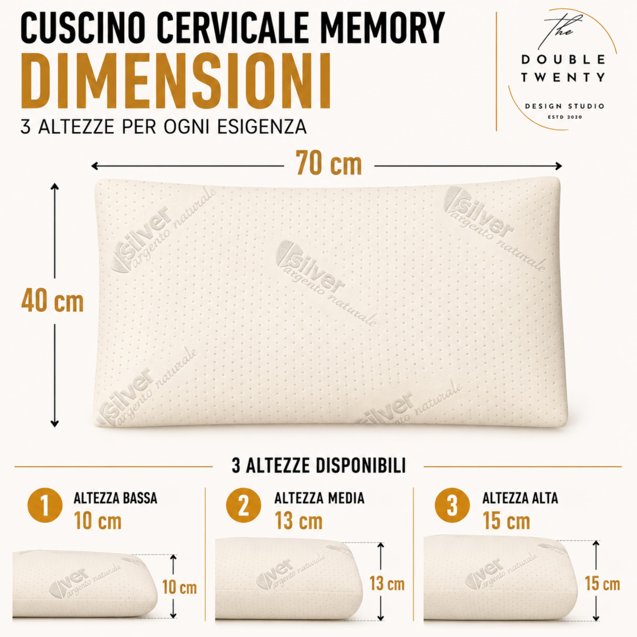 Cuscino in Memory Foam | Ergonomico e Traspirante | Supporto Ottimale per Collo e Cervicale, Adatto a Tutte le Posizioni del Sonno | Fodera Ipoallergenica in Argento Naturale | (10 cm)