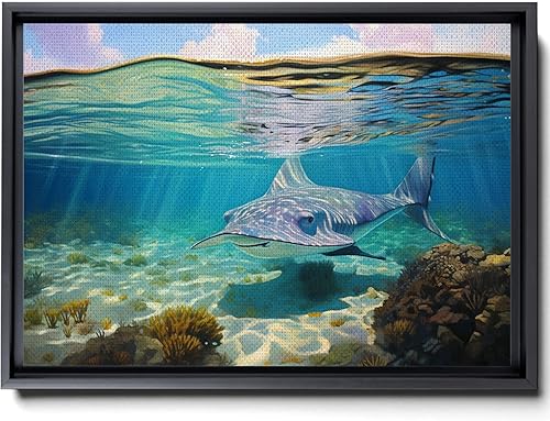 Nautical Print on Canvas for Wall Decor, Ocean Fish Manta Ray Canvas Wall Art, Beach Print for Wall Hang, Turquoise Coastal Pictures Wall Decor,