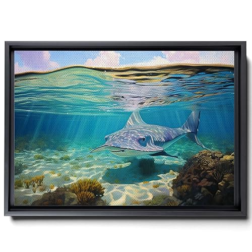 Nautical Print on Canvas for Wall Decor, Ocean Fish Manta Ray Canvas Wall Art, Beach Print for Wall Hang, Turquoise Coastal Pictures Wall Decor,