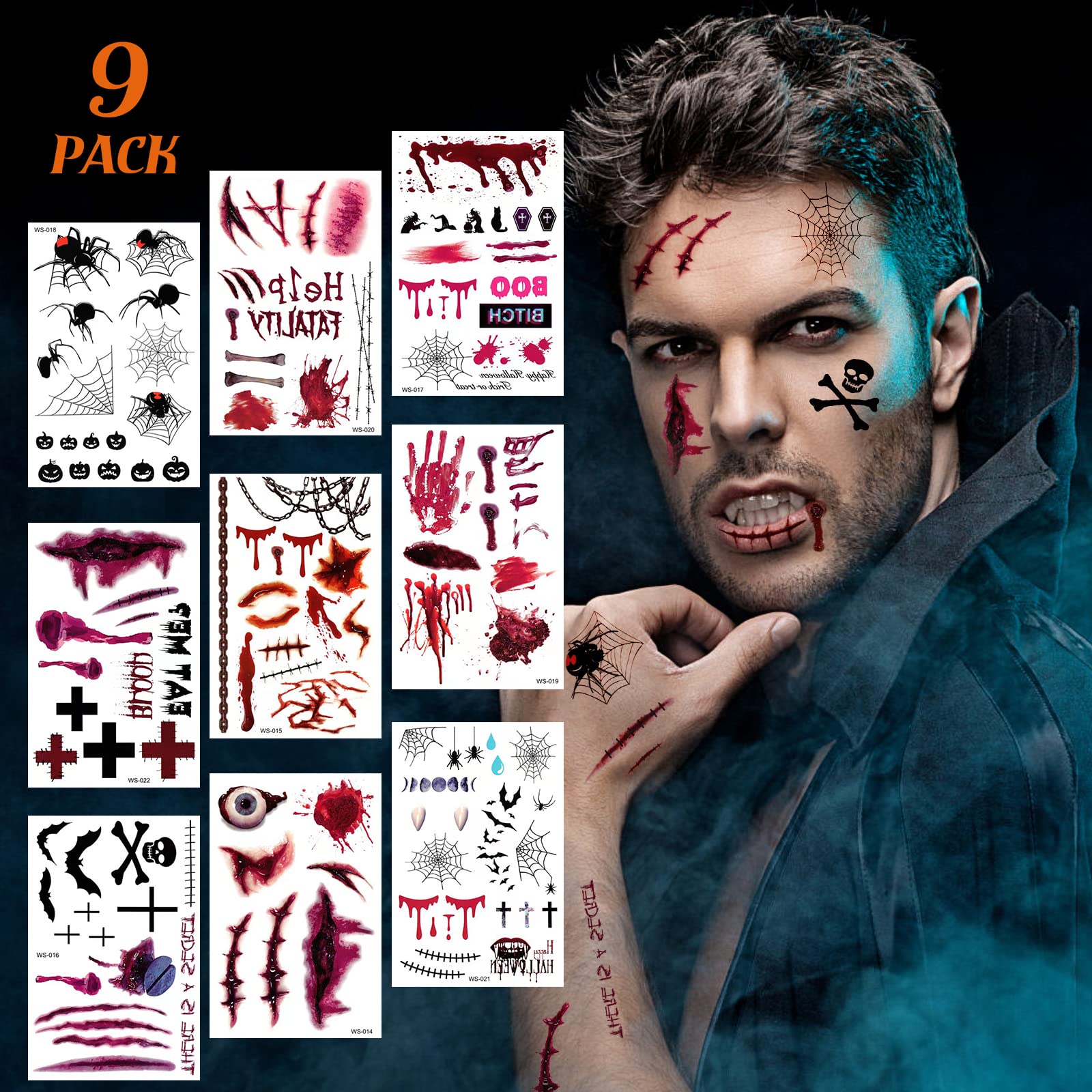 AEYAKA Temporaire Tatouages,Scars Temporaire Tatouages Halloween Zombie Scars Tatouages ​​Autocollants Fausse Plaie Sang Spécial Accessoires De Maquillage Du Corps Cosplay (Scars-7