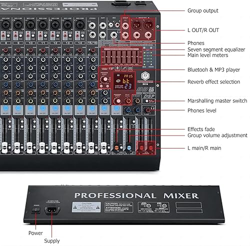 Miniatura 8 de W IN-MIX Mezclador de audio profesional DX16 DJ de 16 canales con 99 efectos DSP, ecualizador de 7 bandas, botón independiente de encendido y