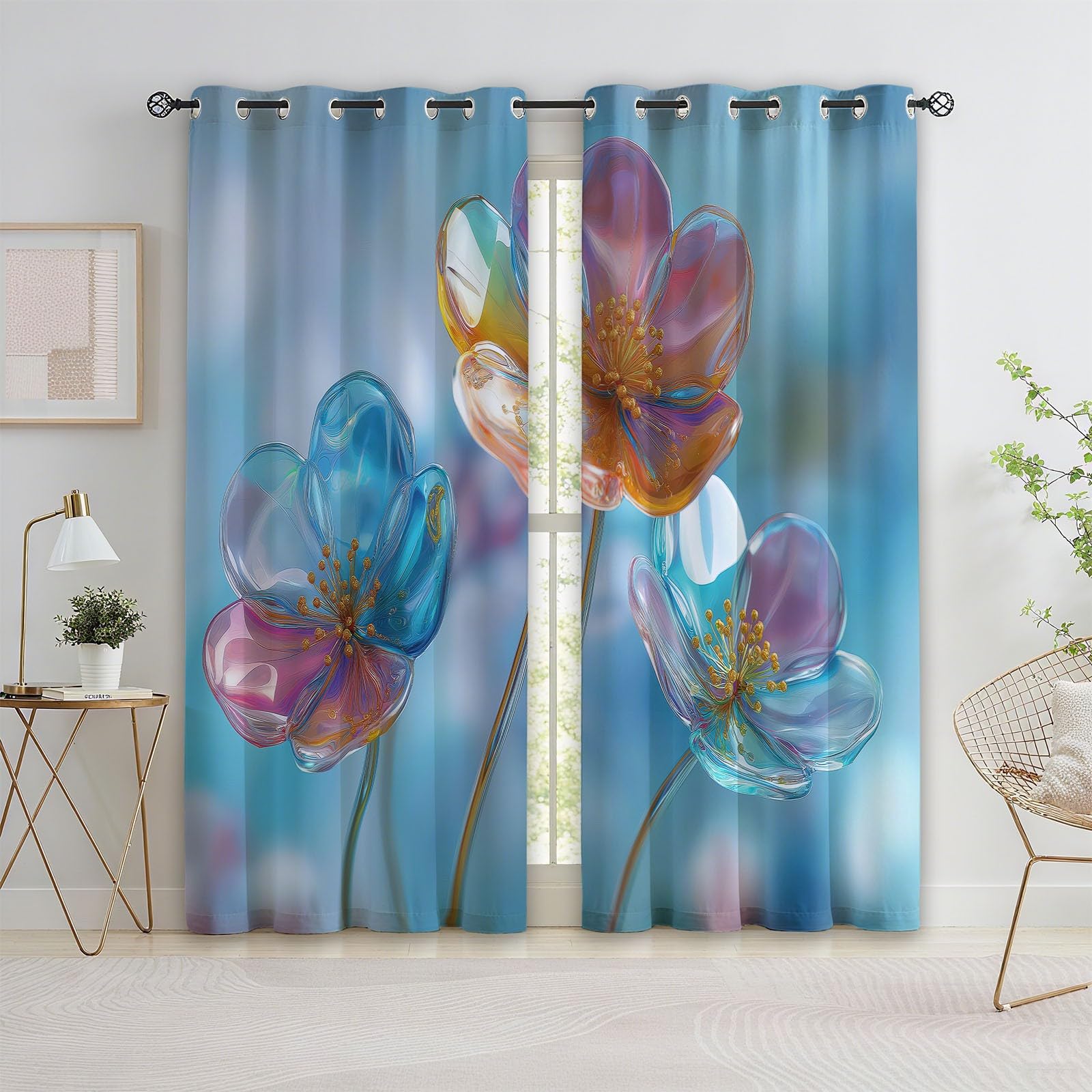 Rideau occultant enfant L140xH175 cm fleur de verre bleu à oeillets