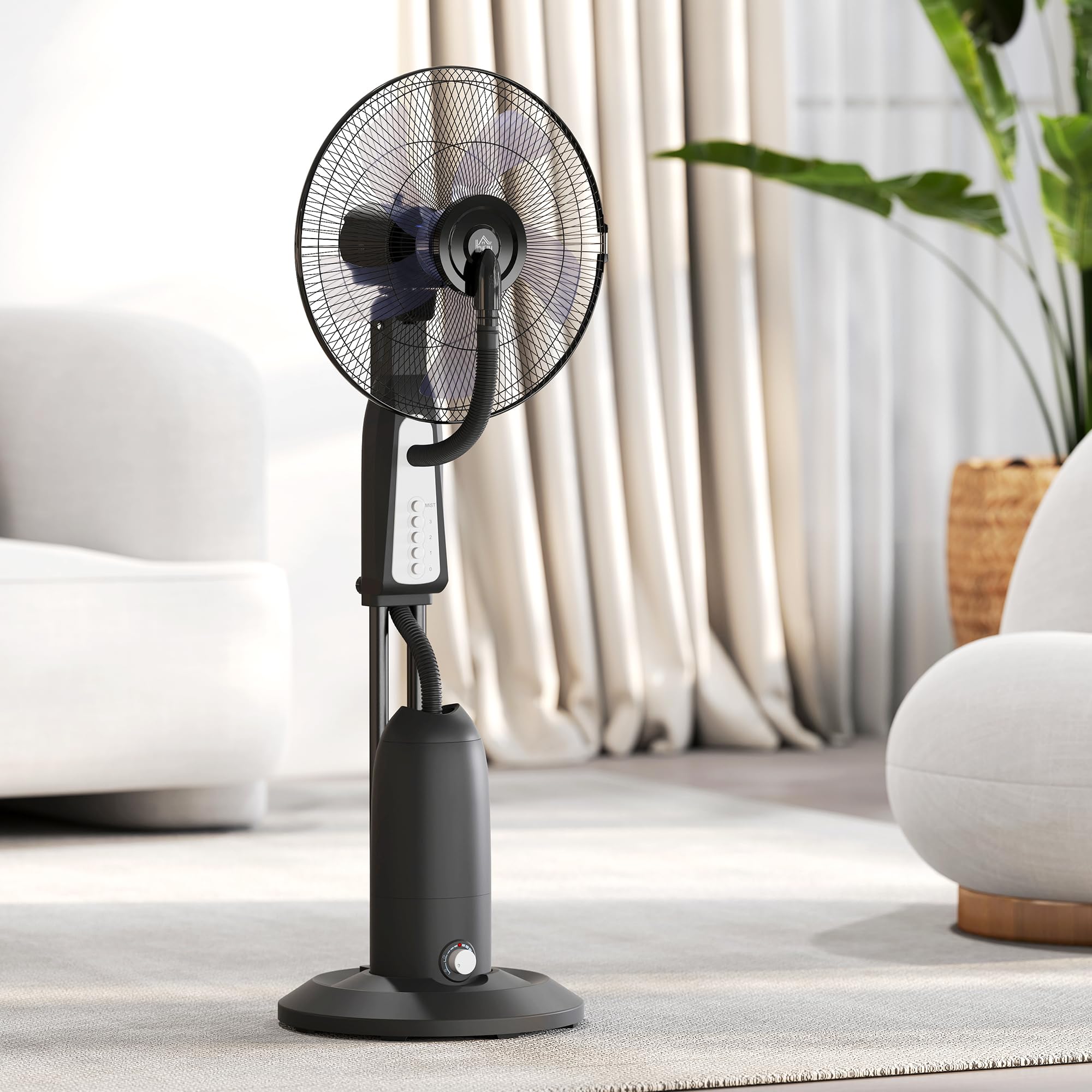 HOMCOM Ventilatore Nebulizzatore con Serbatoio da 3L 50 cm 125 cm Nero | 3 Velocità, Oscillazione 75°, Ventilatore a Piantana, Nebulizzazione Regolabile, Ruote, 90W