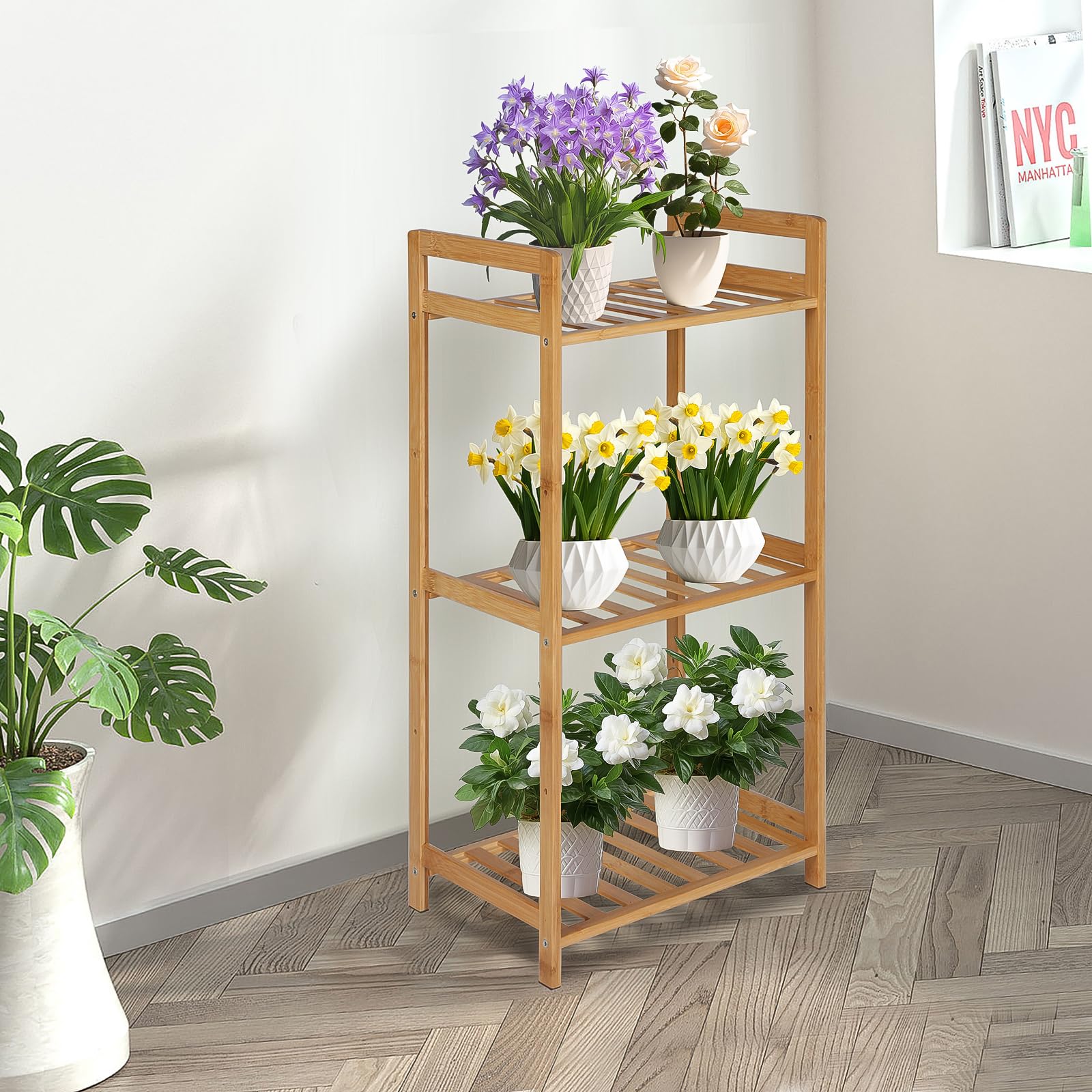 PACHIRA Standregal mit 3 Ablagen, 35 x 25 x 71 cm Bambusregal, Stehendes Lagerregal Aus Bambus, Als Küchenregal, Badregal, Bücherregal, Schuhregal, Holzregal Für Badezimmer, Küche, Wohnzimmer, Balkon