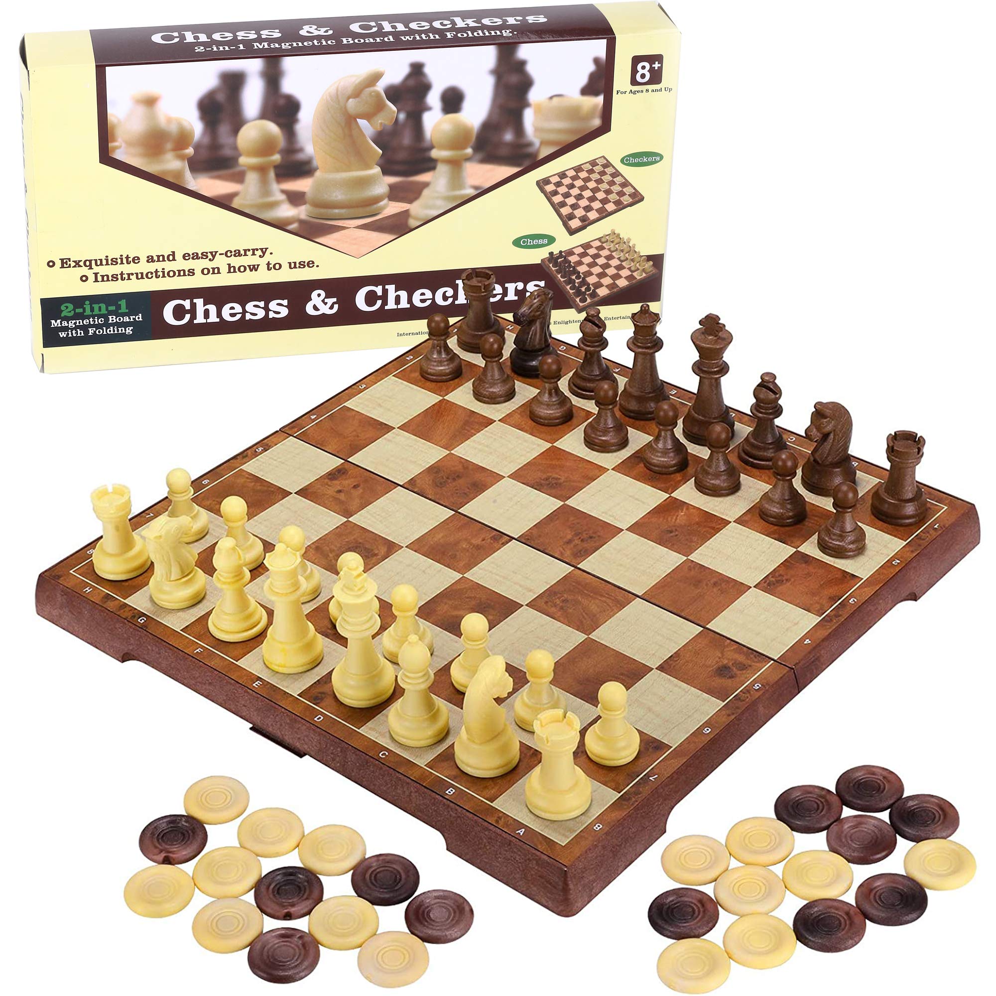 TOYVENTURES 2 in 1 Chess Set - 12"x12" Foldable Chess and Checkers Set Magnetic Board with Portable Folding Interior Storage Travel Chess Game Board (31 cms x 31 cms)