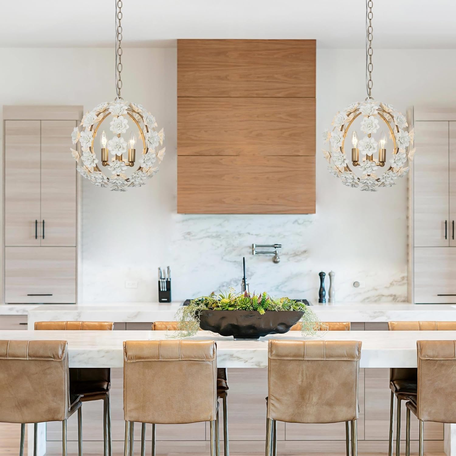 classy leaves Gold Chandeliers, 3 Light Orb Chandelier Ceramic Flower Hanging Pendant Lights Modern Chandelier Light Fixtures for Dining Room, Living Room, Kitchen