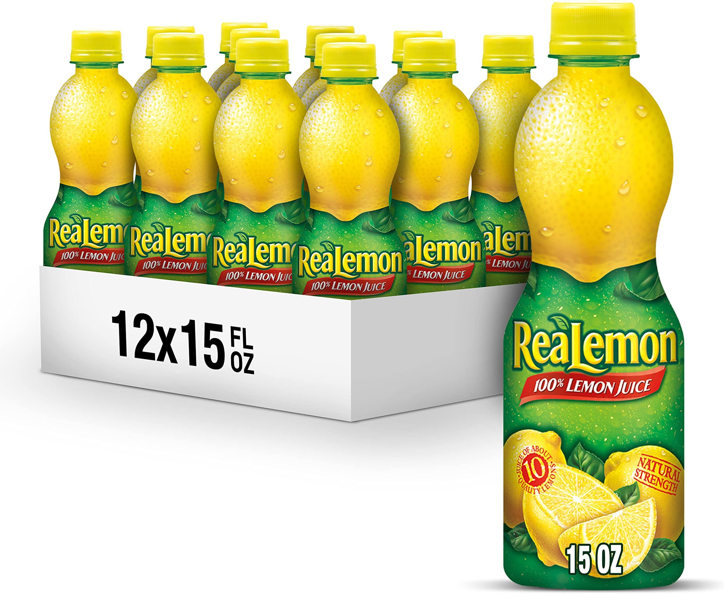 ReaLemon 100% Lemon Juice, 15 fl oz bottle (Pack of 12), Made with Lemon Juice from Concentrate, Gluten-Free, Sodium Free, Perfect Mixer to add to Cocktails and Marinades