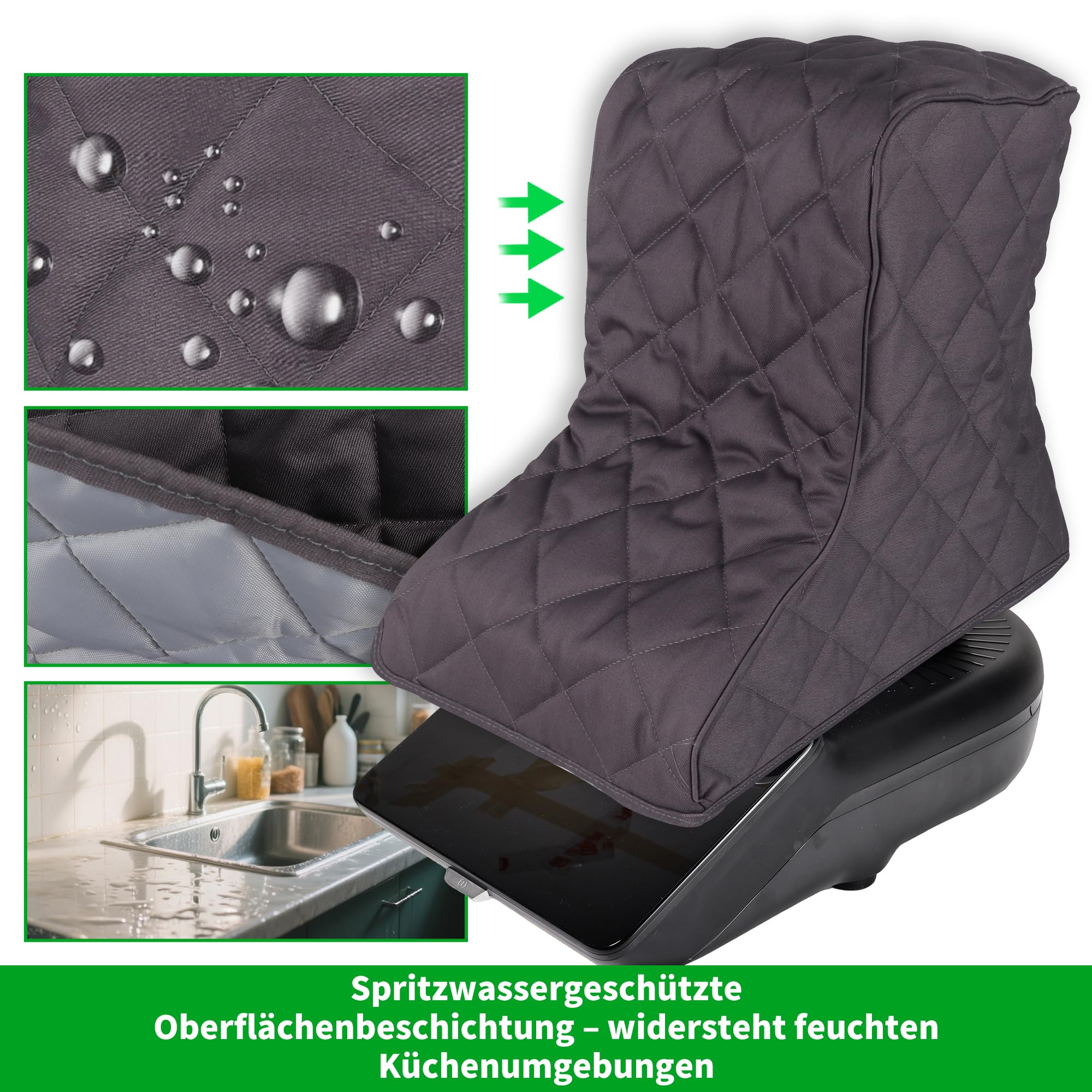 Exclusive Premium Staubschutz für Thermomix TM7 – Graue Wattierte Canvas-Hülle mit Rückenzip, Antibakteriell & Wasserdicht - Staubschutzabdeckung, Abdeckhaube, Staubhaube, tasche