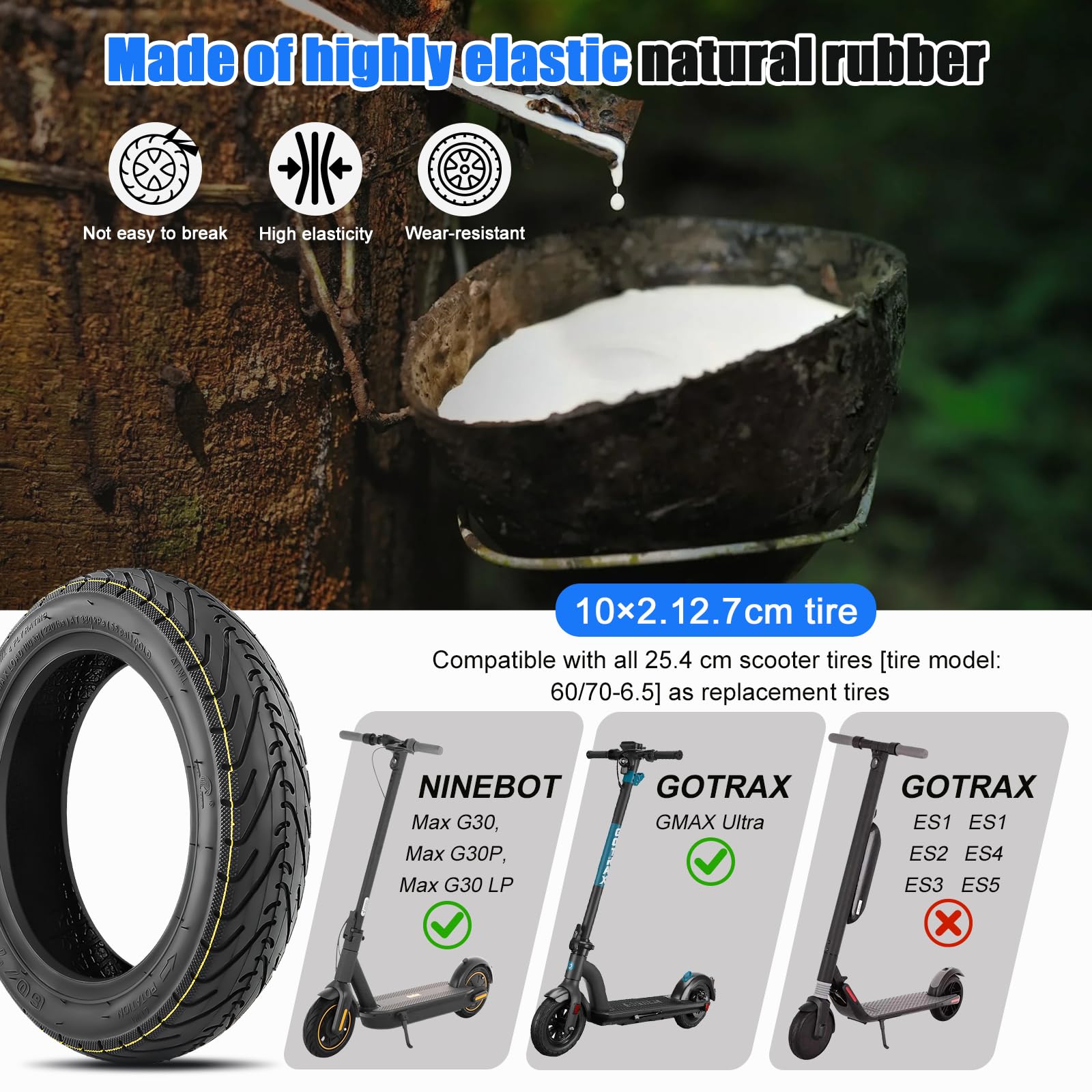SYACHI 10 x 2,5 Pouces Pneu Tubeless+2 Buses Droites Accessoire Trottinette Électrique Pièces, 60/70-6.5 Caoutchouc plus épais et plus large Type Roues Anti-Explosion
