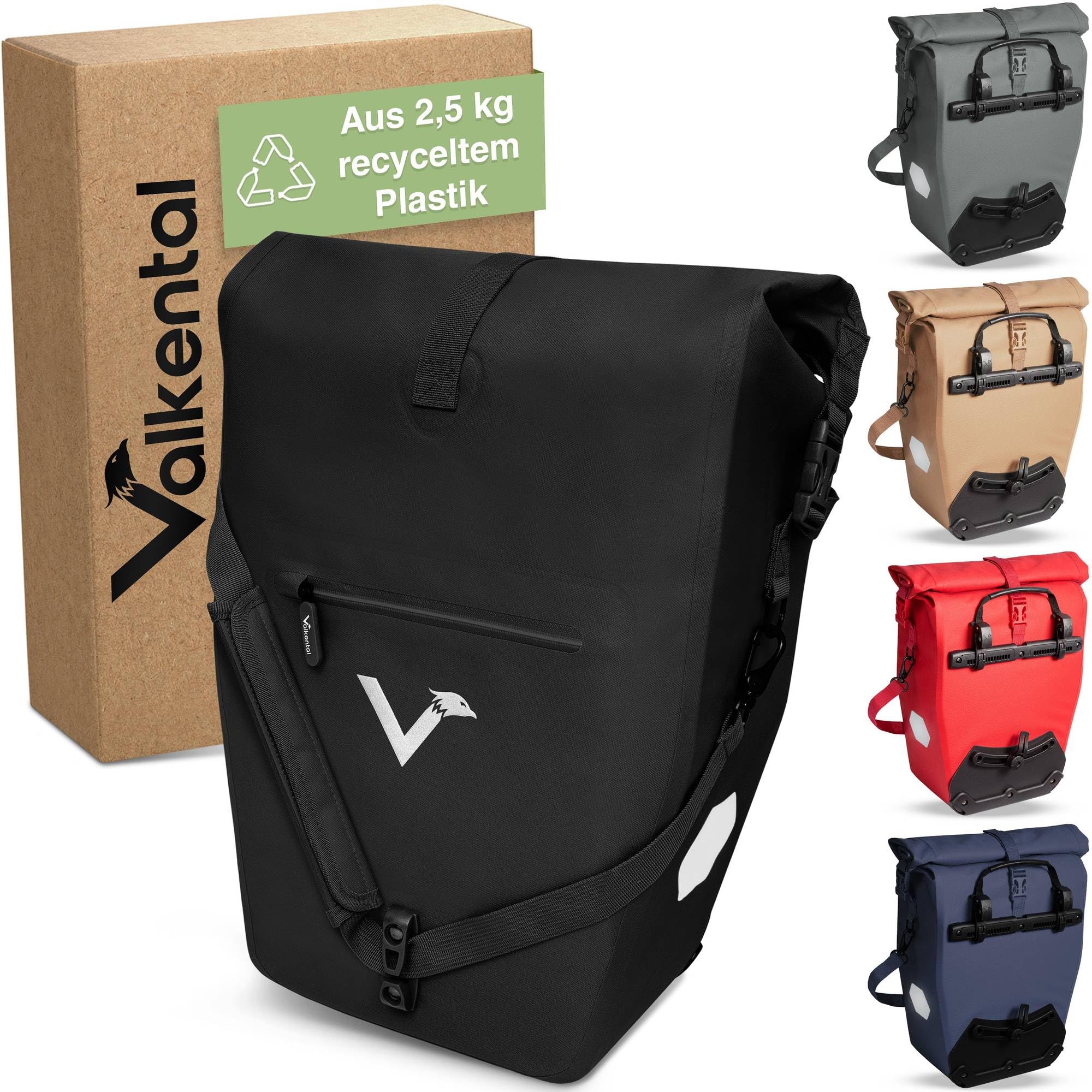 Valkental - Sacoche de vélo 2-en-1 en TPU écoresponsable - 100% étanche - Compartiments pratiques - Volume flexible 23-28L avec compartiment pour ordinateur portable - Sacoche pour porte-bagages noire