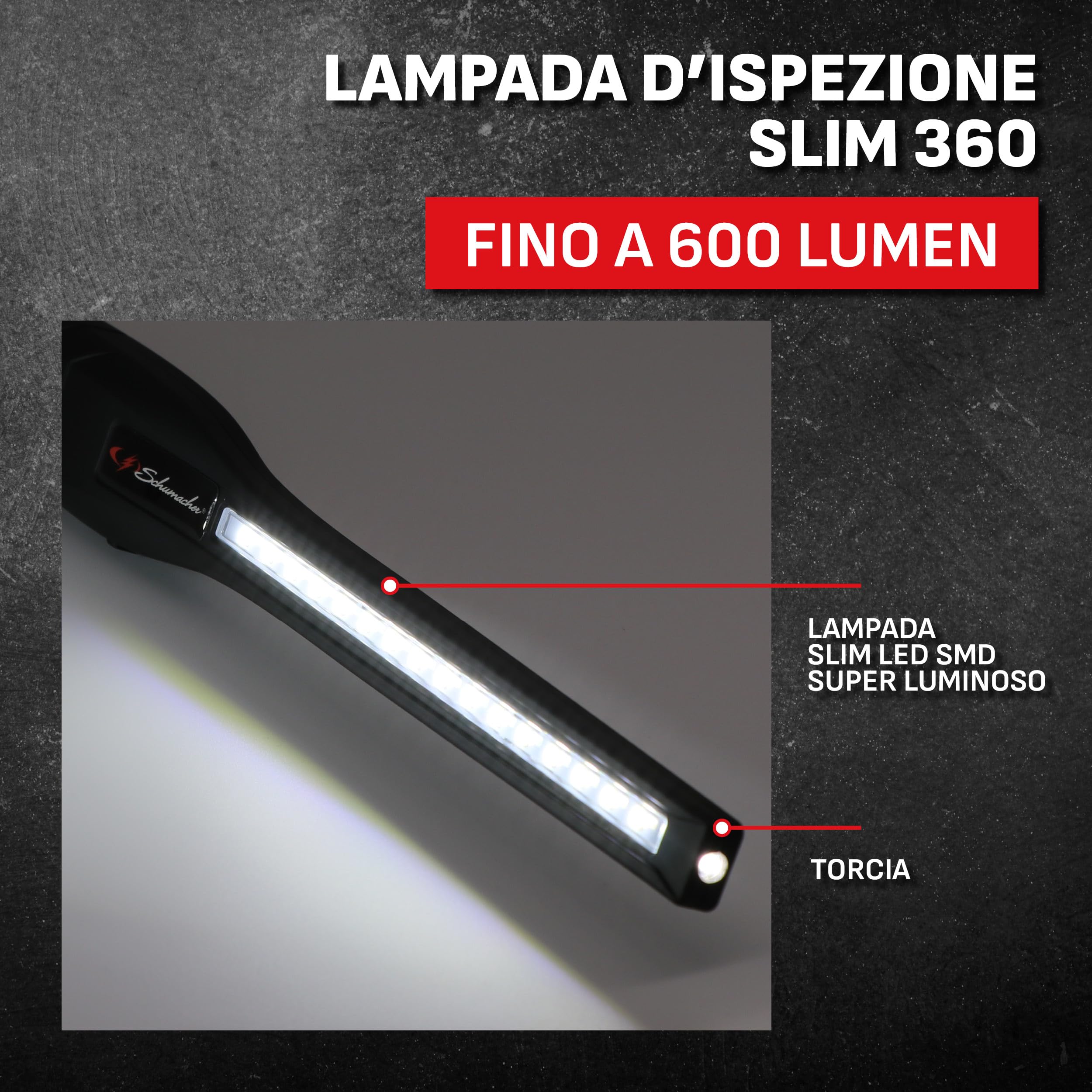 Schumacher SL184 Lampada LED da Lavoro 600 Lumen Nera | Illuminazione Direzionale Ultra Brillante, Rotante e Inclinabile a 360°, Dimmer, Batteria Ricaricabile Lithium-Ion 2600mAh