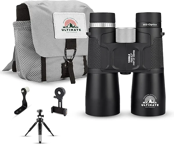 Ultimate Outdoors 12x50 High Power Binoculars for Adults – HD Waterproof Binoculars with BaK-4 Prism, Phone Adapter & Tripod Mount – Bird Watching, Hunting, Stargazing, Travel, Cruise - Jet Black