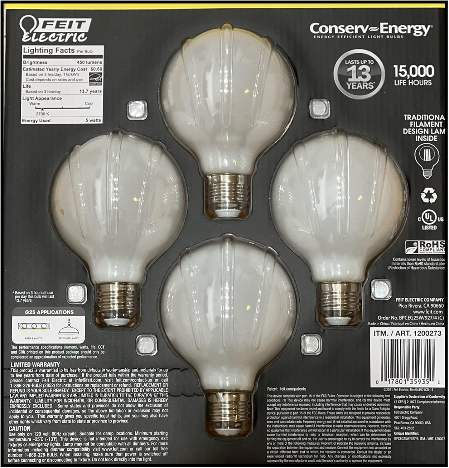 Feit Enhance 90+ CRI 40W Replacement Dimmable 2700K Soft White G25 Globe LED Light Bulbs, 4-Pack