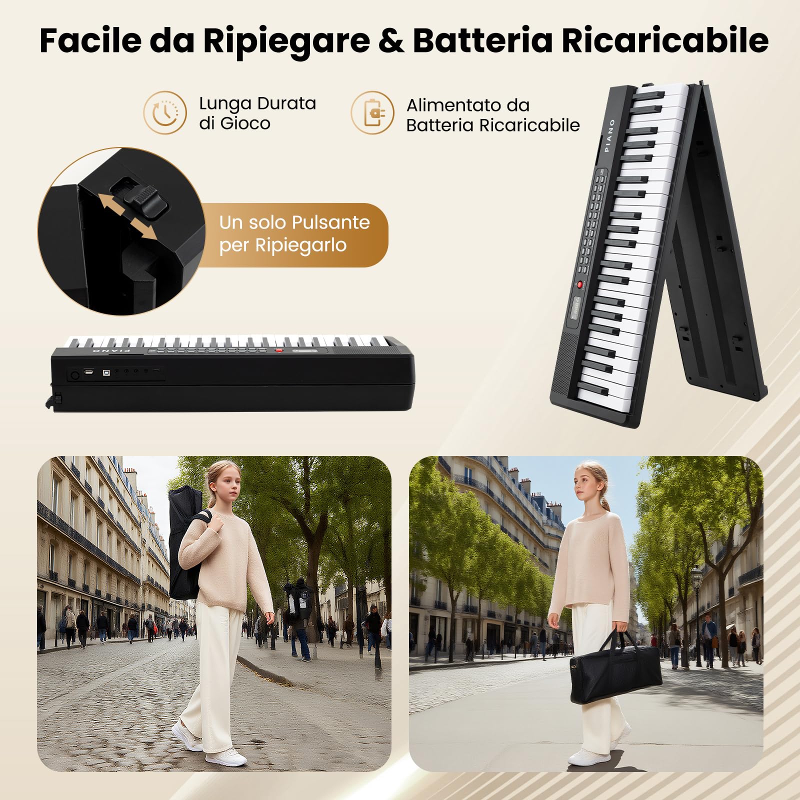 COSTWAY Pianoforte Digitale 88 Tasti, Tastiera Elettronica con 1000 Ritmi, 1000 Timbri, 150 Canzoni, Pianoforte Elettronica Pieghevole con Doppi Altoparlanti, MP3/USB/MIDI, per Principianti Bambini