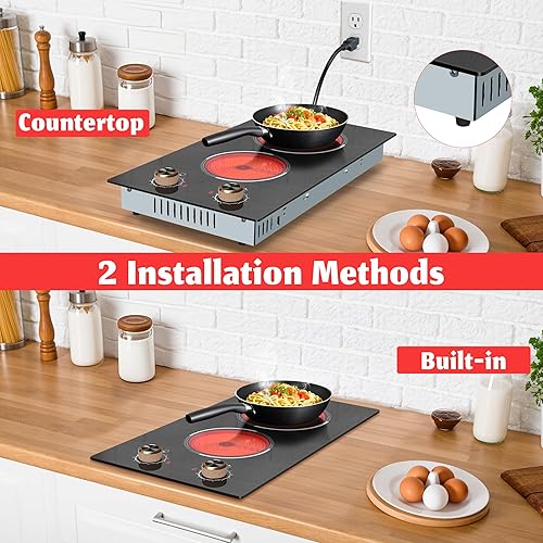 Miniatura 4 de Estufa eléctrica de 2 quemadores, estufa eléctrica integrada y encimera de 12 pulgadas, encimera de cerámica con control de perilla, 9 niveles de