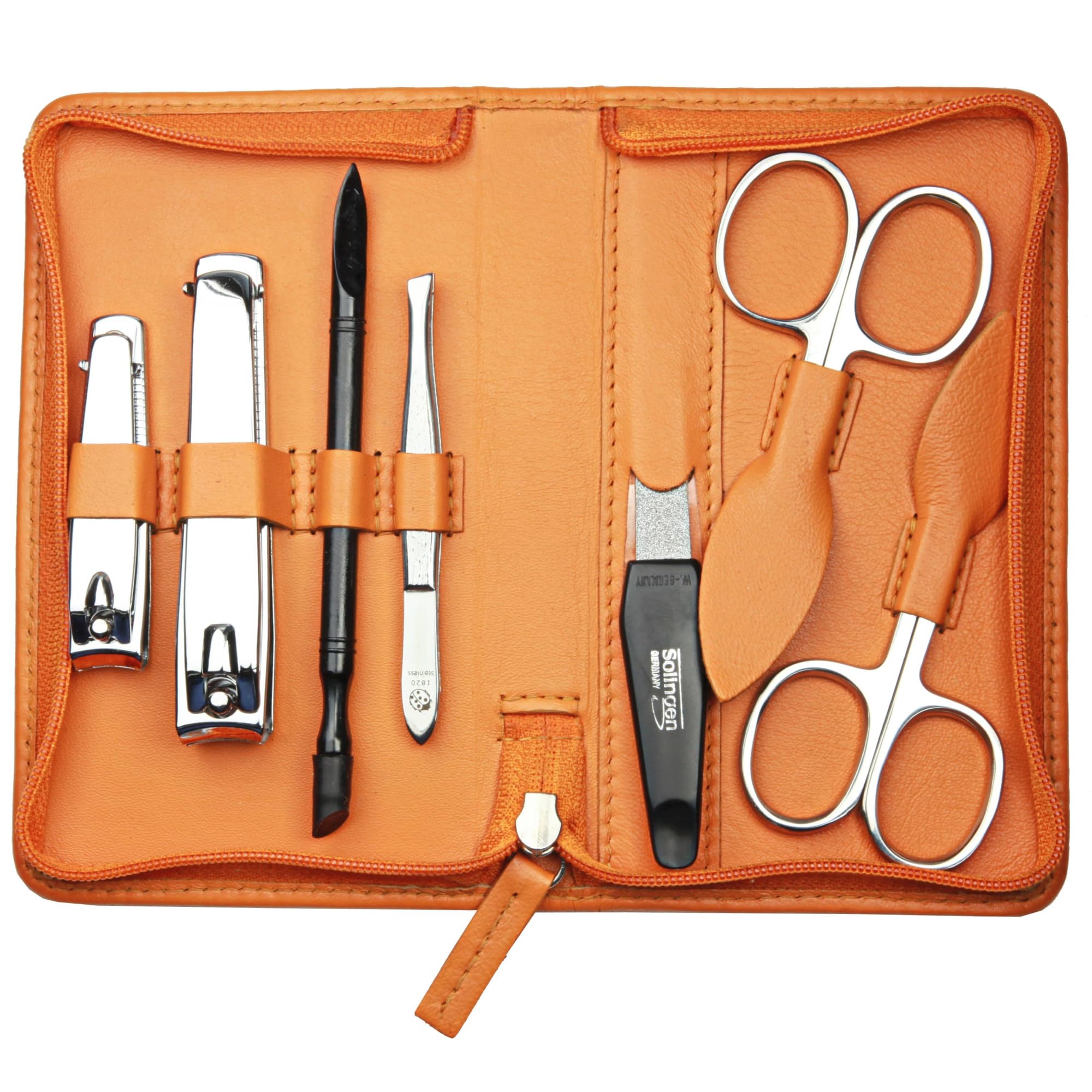 Kit de manucure 7 pièces – Étui à fermeture éclair avec instruments en acier inoxydable et acier au carbone – Kit manucure et pédicure – Étui en cuir d'agneau nappa (maïs)
