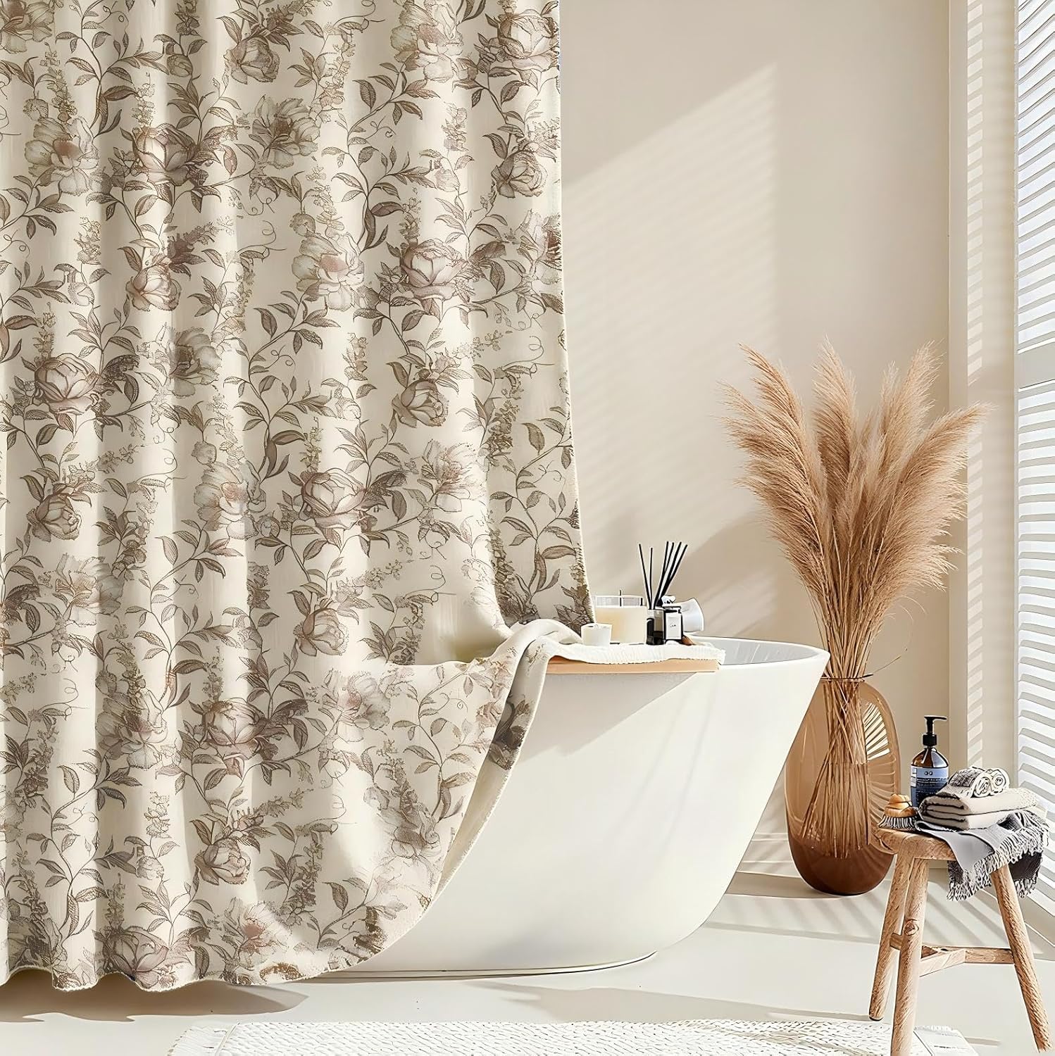 Farmhouse Sage Green Floral Shower Curtain with 12 Clear Rings, Fabric Faux Linen Shower Curtain Set, Vintage Cottagecore Shower Curtain for Bathroom 72" W x 84" L