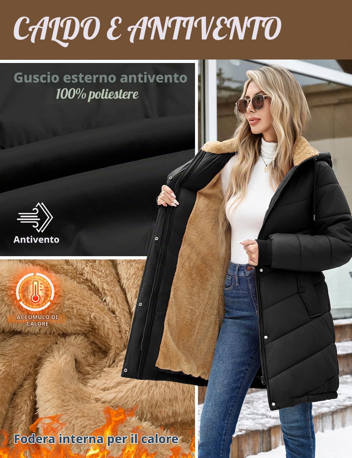 Giacca Donna Lungo Invernale Cappotto con Cappuccio Caldo Parka Autunno Invernali Giubbino Imbottito Giubbotto Elegante Casual Giacca Pile Outwear con Tasche