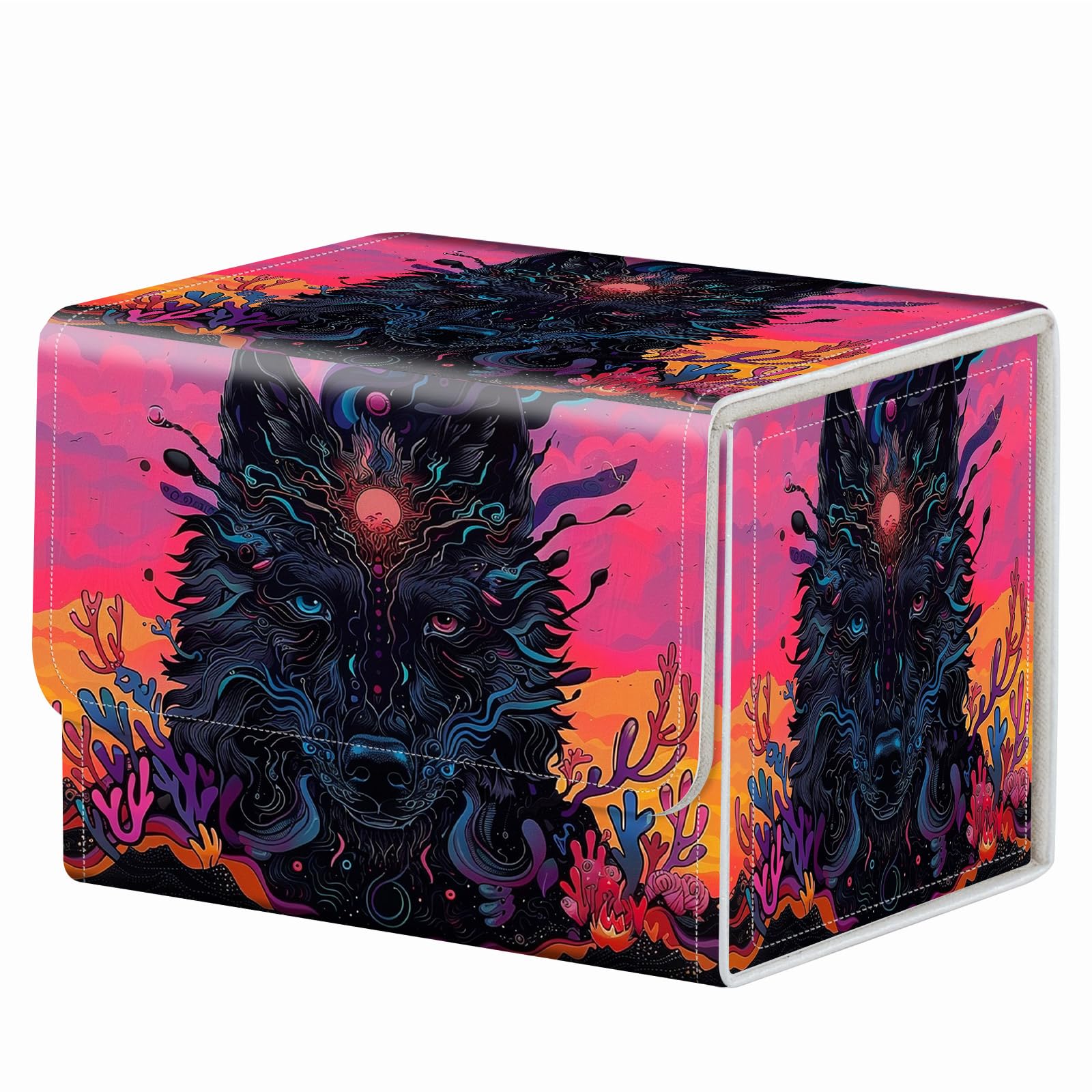 RMJKXQZG Strong Magnet Case Mtg Deck Box Tcg Up to 200 Cards Creative Pattern Trading Card Storage Box for Collectible Card Games, A Black Wolf With