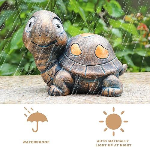 Vista 3 de Dnoifne Estatuas para exteriores, estatuas solares de tortuga, adorno de jardín de tortuga de resina con luces solares, bronce, marrón, verde
