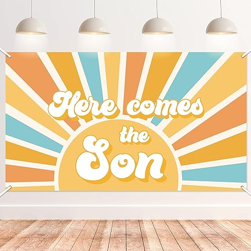 Here Comes The Son - Telón de fondo para baby shower, estilo bohemio, retro, apagado, amanecer, decoración para colgar en la pared, fiesta de