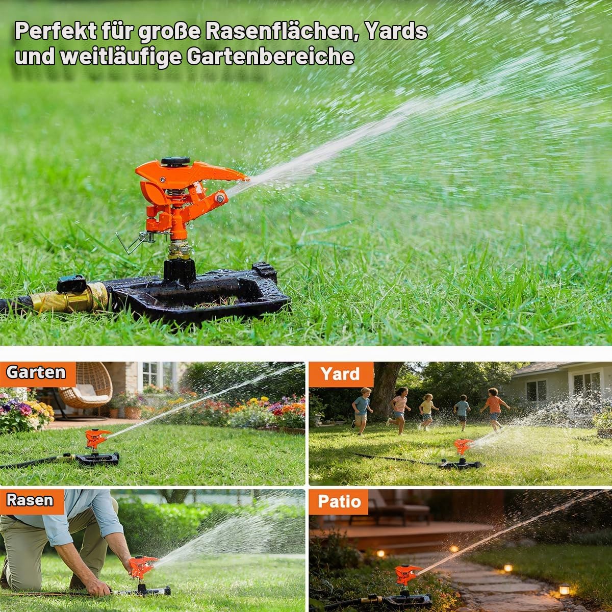 FANHAO Robuster Rasensprenger für den Garten,100% Metallsockel mit 360 Grad Drehbar für Große Flächenabdeckung, Deckt bis zu 540 m², Ideal als Regner Bewässerungssystem Regner