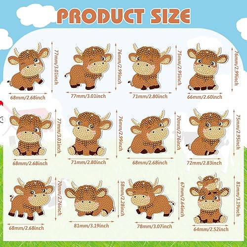 Miniatura 3 de Thinkday Kit de 12 llaveros de pintura de diamante de vaca de las tierras altas 5D para bricolaje, lindo colgante de diamante de vaca para colgar