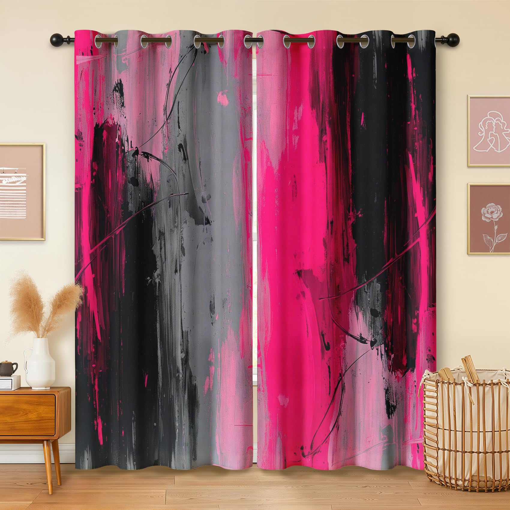 Havenix Abstract Hot Pink Black Blackout Curtains for Bedroom Living Room, Eyelet Curtains 183cm Drop, Thermal Insulated Drapes for Windows, Fuchsia Contemporary Patterned Window Treatments, 2 Panels โ image 1