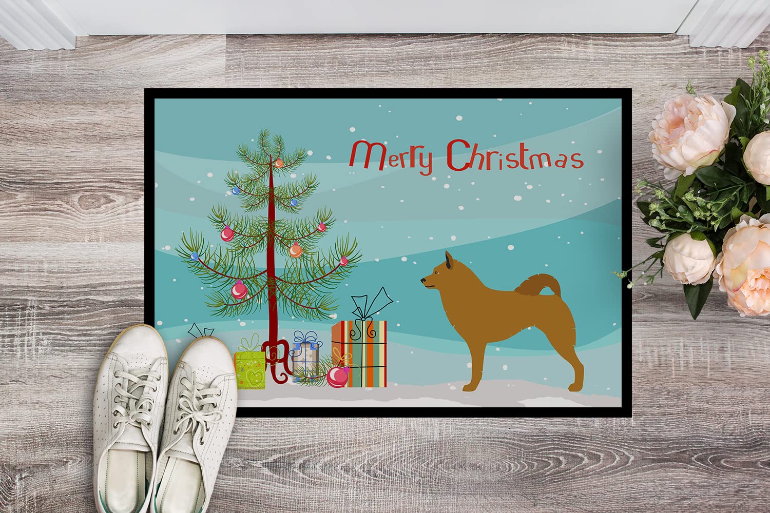 Caroline's Treasures BB8505MAT Finnish Spitz Christmas Doormat 18x27 Front Door Mat Indoor Outdoor Rugs for Entryway, Non Slip Washable Low Pile, 18H X 27W