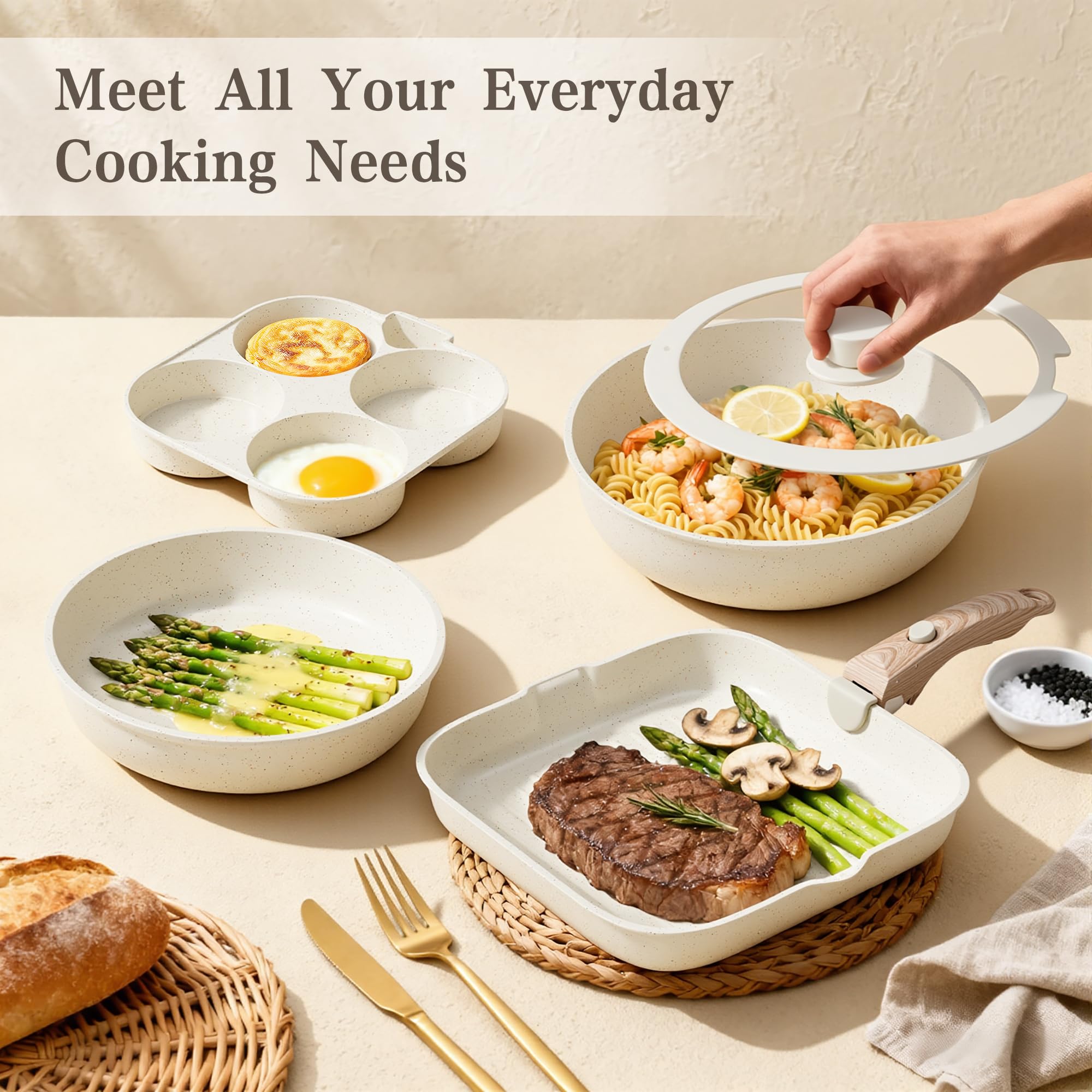 RIOVARM Induzione Set di pentole e padelle con manici staccabili, Antiaderente Padelle grill, Impilabile Casseruole con coperchi, Padella per omelette Senza PFOA, per tutti i tipi di fornelli
