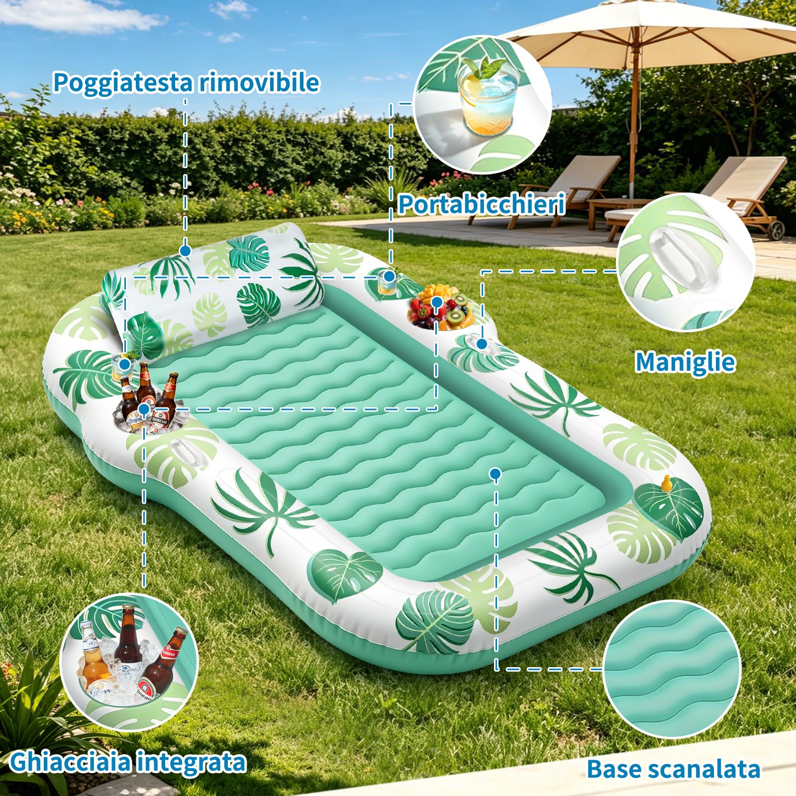 JONRRYIN Materassino Gonfiabile Mare Adulti 2 Persone, Tanning Pool 225×190 cm, Materassino Piscina con Funzione Spruzzo e 2 Portabicchieri, Poltrona Gonfiabile Piscina Relax per Mare