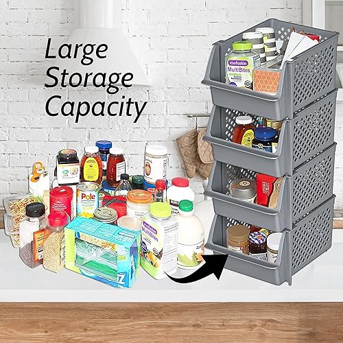 Miniatura 2 de Skywin Contenedores de almacenamiento apilables de plástico para despensa, paquete de 12 cubos apilables grises para organizar alimentos, cocina y