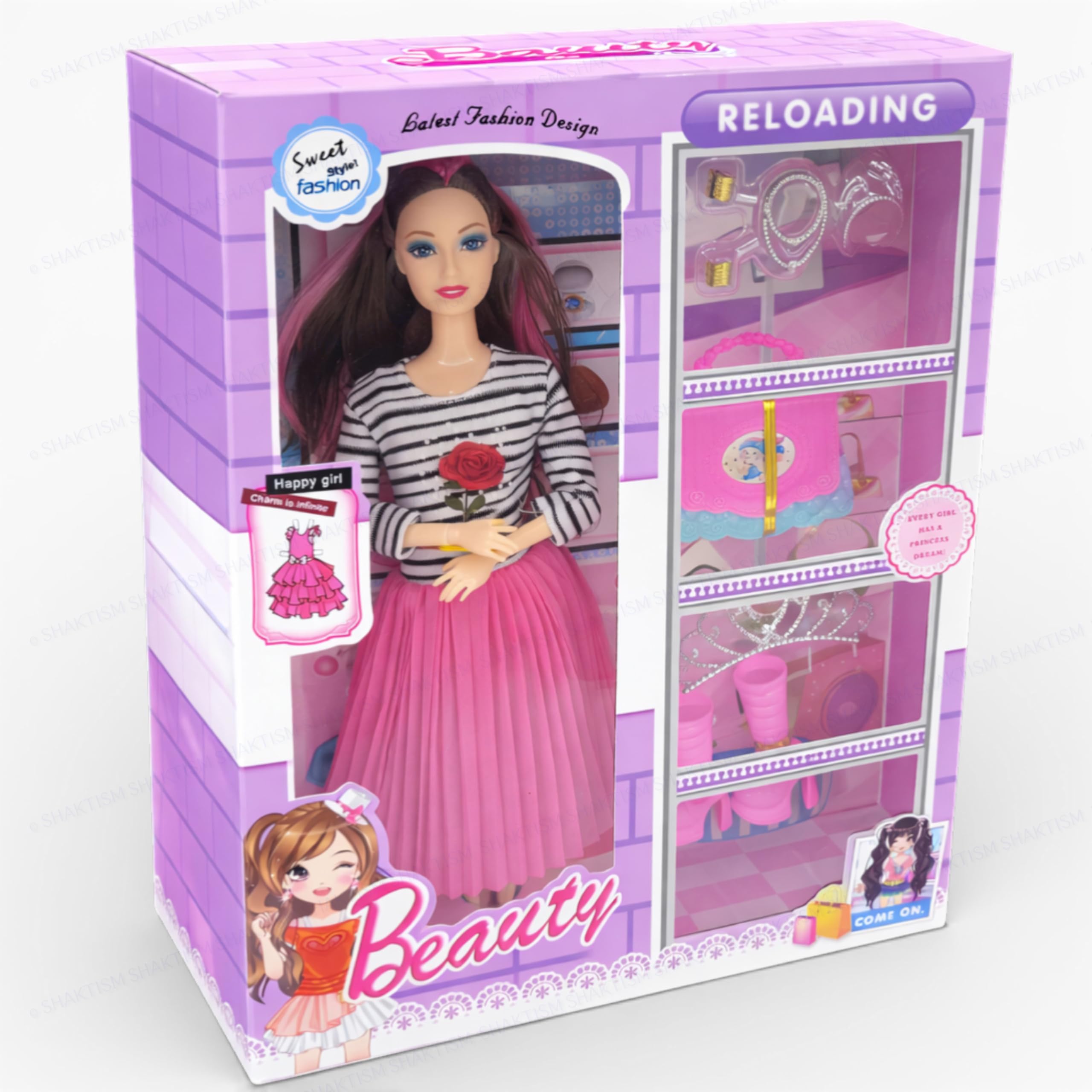 SHAKTISM Beauty Doll Set for Girls with Makeup, Dress, Accessories, Wardrobe Closet, Hangers, Necklace, Multicolor, 3+ Years - Random Colour - 1Pc 4